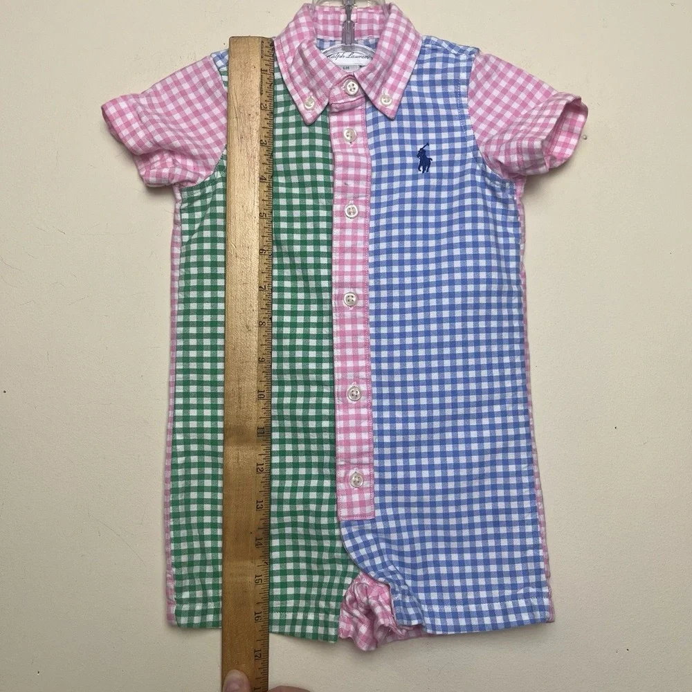 Ralph Lauren Polo Baby Gingham Cotton Oxford Fun Romper EUC Blue Green Pink 6M‎